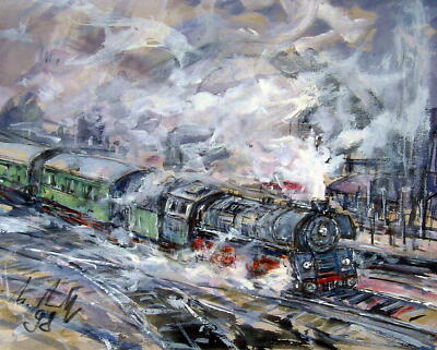 Heinz Hautt 1925 Castrop Rauxel - Hagen / Dampflokomotive / Gemälde, signiert
