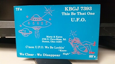 CB radio QSL postcard KBGJ-7393 UFO insect comic 1970s Norton Ohio