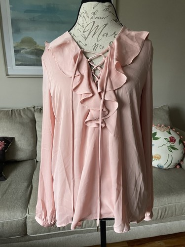 L'Academie Women's Pink Lace UP Ruffle Boho Long Sleeves Top Blouse US Size M - 第 2/7 張圖片