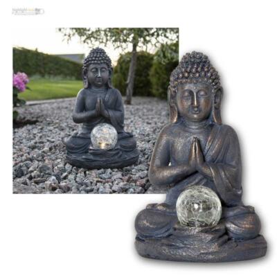 Solar-LED-Leuchte BUDDHA, 27cm Bronze-Optik Figur mit Bruch-Glas-Kugel warmweiß