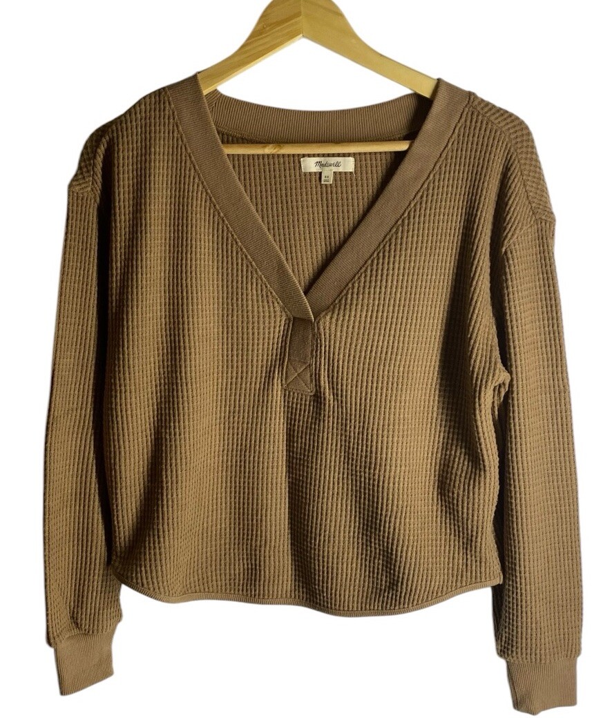 Madewell Tan Womens Long Sleeve Waffle Knit Blouse Top in XS