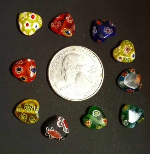 Lot of 50 Heart Shaped Glass Millefiori Beads, Asstd. Colors, Handmade, Jewelry - Picture 2 of 2