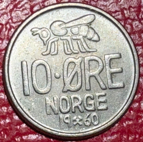 HIGH GRADE AU 1960 NORWAY 10 ORE HONEY BEE COIN-MAR651