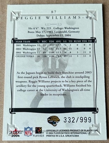 REGGIE WILLIAMS 2004 FLEER GREATS Blue Card #87 Ser#332/999 NM-MT Condition - Picture 2 of 2