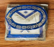 MASONIC WORSHIPFUL MASTER 100 LAMBSKIN APRON BLUE WITH CHAIN COLLAR FREE JEWEL