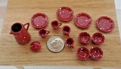 Coffee Pot & Mugs Red Splatterware 1:12 #D6924 Dollhouse Miniature Chuckwagon