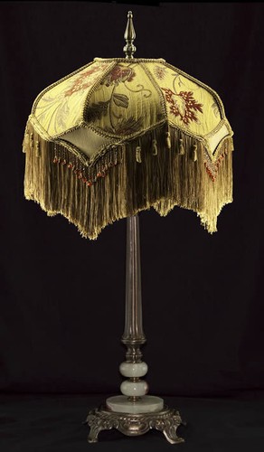 VICTORIAN LAMP SHADE HEAVY EMBROIDERED FABRIC W/ GOLD SILK RUST BEADING & FRINGE - Picture 2 of 7