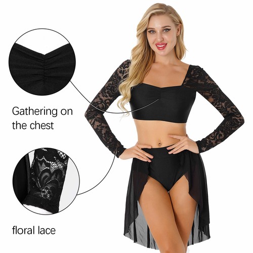 Para mujer 2 Piezas Floral Encaje Baile Disfraz Contemporáneo Lírico Ropa de Baile Conjunto - Imagen 8 de 41