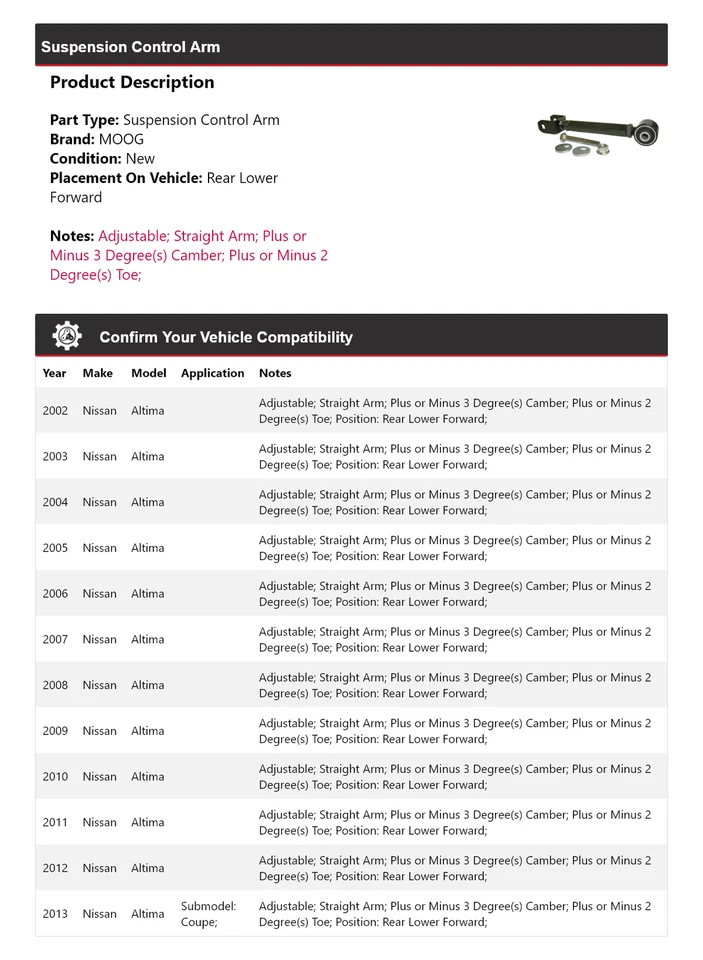 Brazo de control de suspensión trasero delantero inferior MOOG 2002-2013 Nissan Altima 2002 Foto 2 de 4