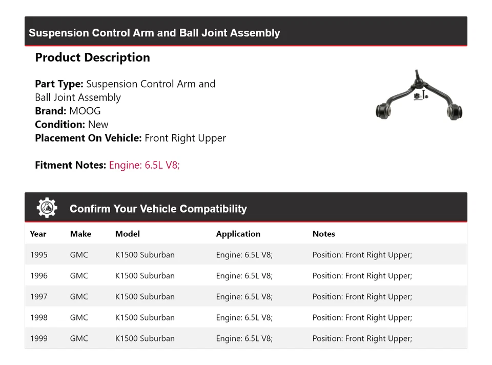 For 1995-1999 GMC K1500 Suburban 6.5L Control Arm Front Right Upper MOOG 1995 - Image 2 of 4