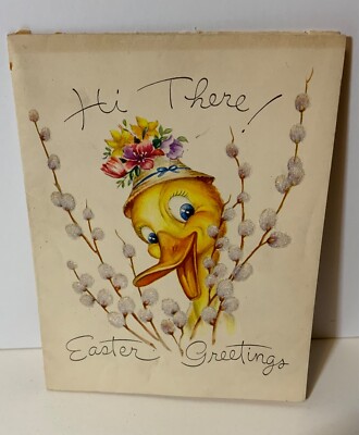 VTG Golden Bell Easter Card Anthropomorphic Duck w/ Hat Pussy Willows Hi There!