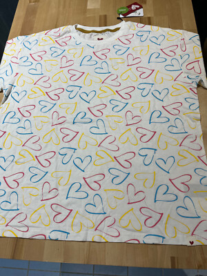 OBERMAIN White w/ Multi-color Hearts Design Cotton Bamboo Tshirt, Unisex Men's M