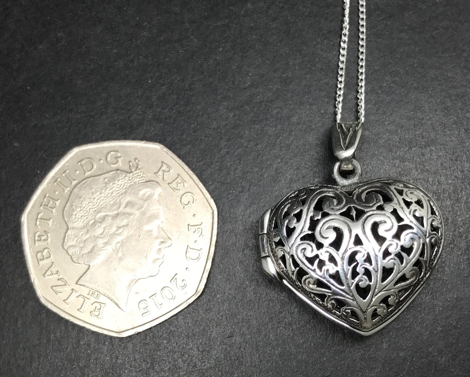 Filigree heart locket, solid Sterling Silver, new, adjustable chain