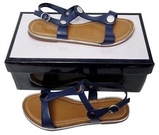 NINE WEST Faith Ladies Navy Gold Strappy Studded Flat Leather Shoes MRRP £79