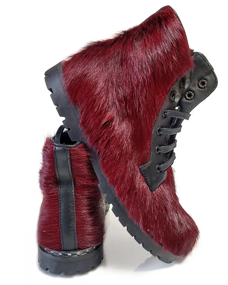 Dolce and Gabbana Maroon Calf Leather Boy's US 1 Pony Hair Combat Boots (0043) - Image 3 of 4