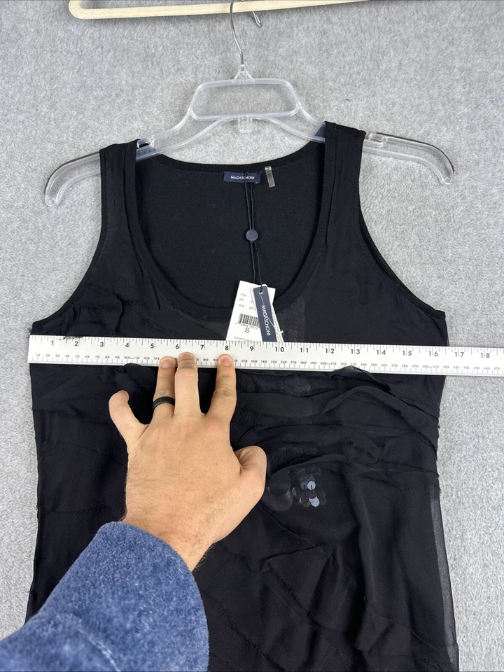 Magaschoni 衬衫女式 S 黑色无袖上衣丝绸混纺荷叶边亮片全新带标签 250 美元 — 第 4/4 张图片