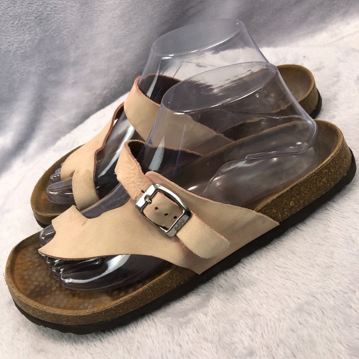 Biostep Womens Sz Natural Tan Brown Leather Thong Flat Sandals