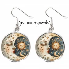 Crescent Moon Earrings Celestial Sun Bohemian Folk Art Silver Charm Dangle
