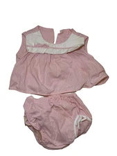 Vintage Pink Gingham Baby Girl Dress Set Top and Bloomers White Collar Bib Era