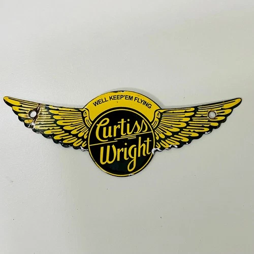 Curtis Wright Wings Porcelain Enamel Vintage Sign 8" x 3"