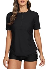 Women's Half Zip Short Sleeve Rash Guard Swim Shirt with Tie Drawstring UPF50...