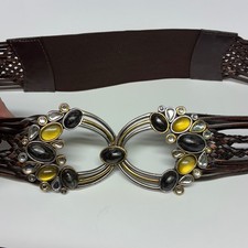 Vintage Chico's Braided Brown Leather Belt Amber Black Cabochon Boho Statement