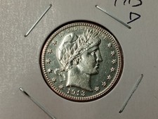 High Grade UNC 1913-D Barber Silver Quarter, Tougher Date Denver Issue