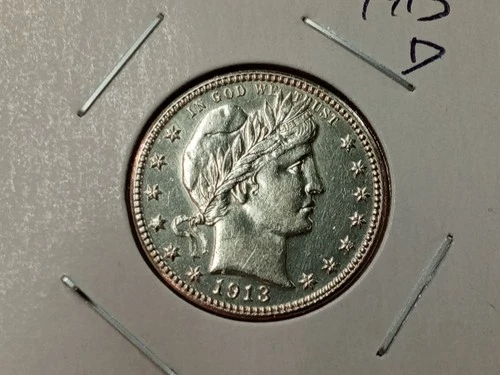 High Grade UNC 1913-D Barber Silver Quarter, Tougher Date Denver Issue