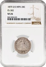 1875 S/S 20C Seated Liberty Twenty Cent Piece Misplaced Date MPD FS-302 NGC VF25