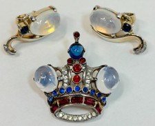 Vintage Trifari Alfred Philippe Moonstone Coronation Crown Brooch & Earring Set