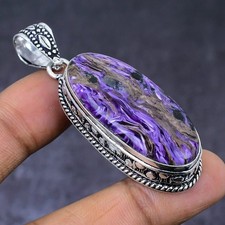 Natural Russian Charoite Gemstone 925 Steling Silver Jewelry Pendant 2.36" I060