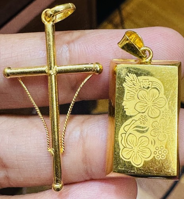 #ad Saudi 22K Solid 916 Real Gold Two Set 2 Cross and Bar Pendant 7.45g $1677.00