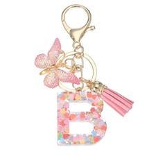 Alphabet Initial Letter Keychain Cute Charm with Tassel Butterfly Letter B Pink