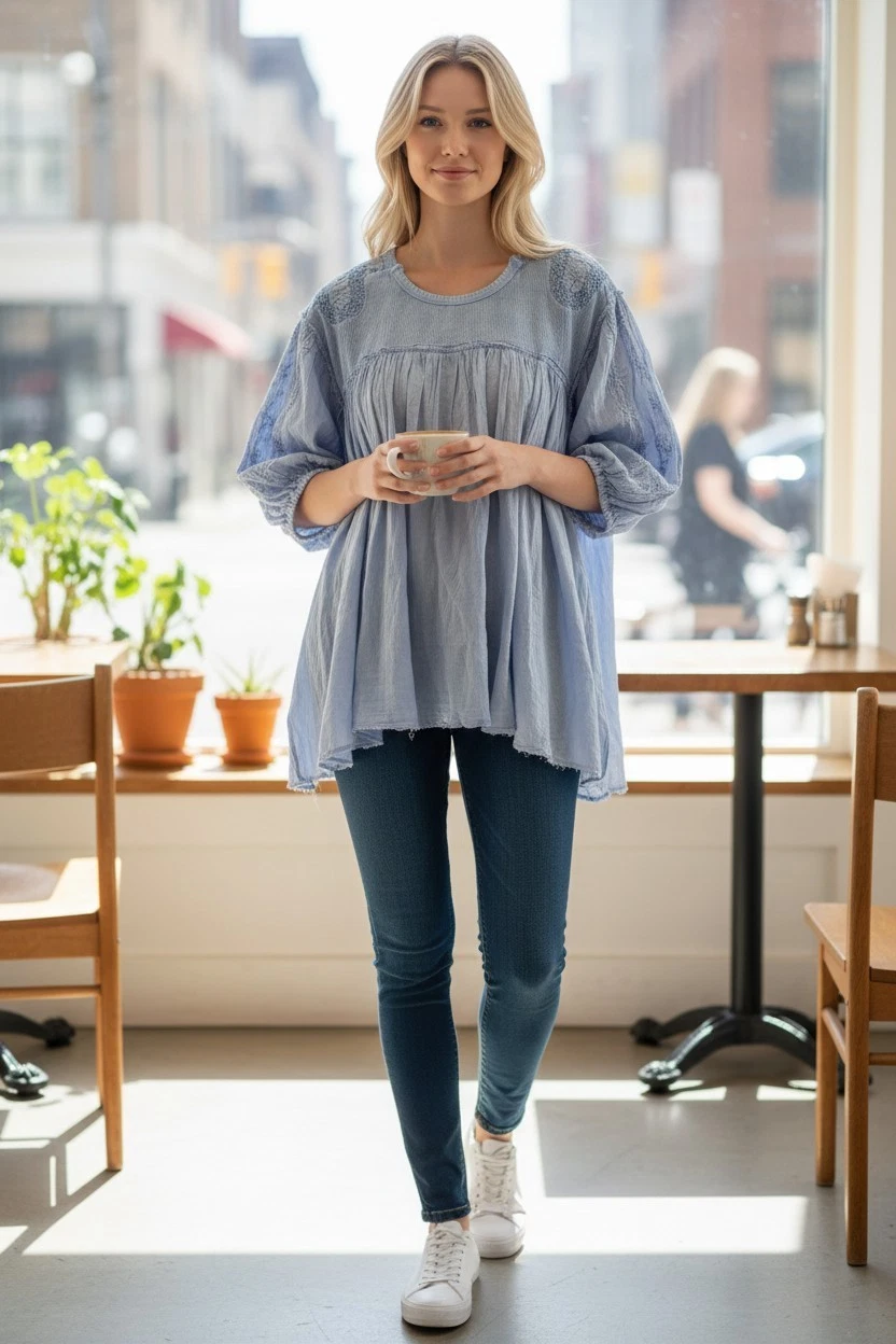 A Rare Bird Women’s Tunic Blouse Blue Puff Sleeve Cotton Boho Flowy Oversized OS