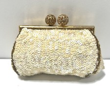 Vintage Sequin Clutch Change Purse Kiss Lock Ivory And Gold