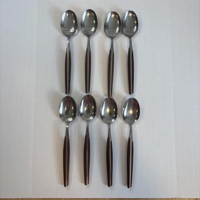 Lot of 8 Eldan Brown Stainless Steel Japan Oval Bowl Soup Spoons MCM 7.5 Inch