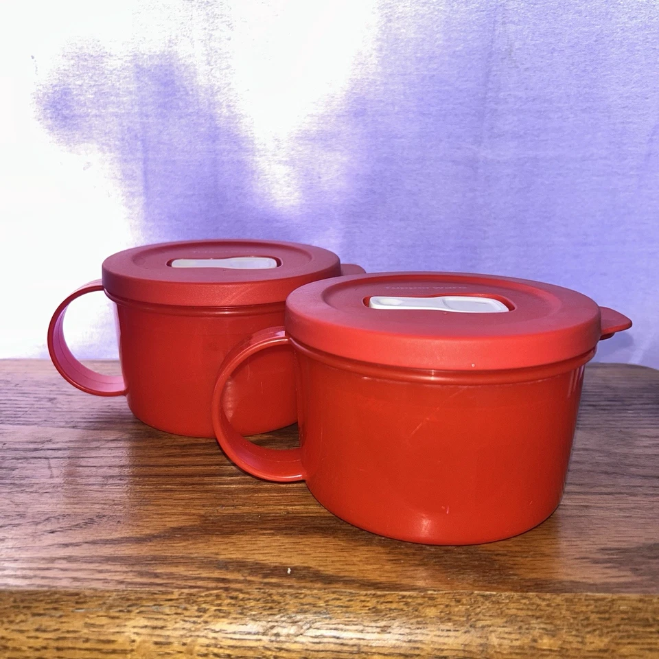 Tupperware Crystalwave Plus tazze da zuppa microonde riscaldabili rosse 16 oz set di 2 - Immagine 2 di 4