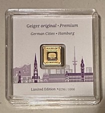 GEIGER 1 GRAM GOLD LIMITED EDITION HAMBURG 1,000 ISSUED 7744.77 per troy oz