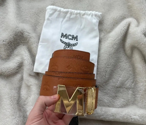 MCM Cognac & Gold Embossed Belt Reversible (Full/Uncut) - $500 - New - Authentic