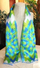 Vera Neumann oblong scarf; abstract floral; green yellow white blue; 42 x 14.5