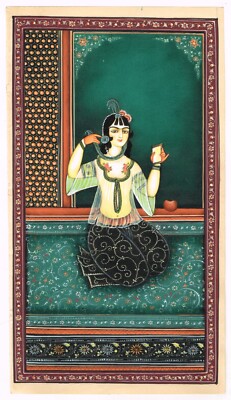 Peinture Persane Miniature Originale - Scène De Femme Fumant Le Narguilé, Gouache Sur Papier 16x28 Cm