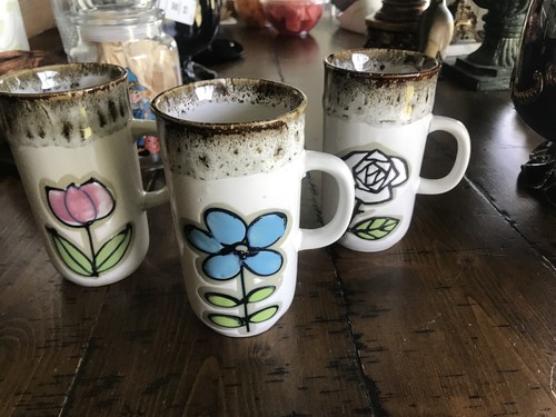 3er Set Mid Century Floral Steinzeug Kaffeetassen Super!