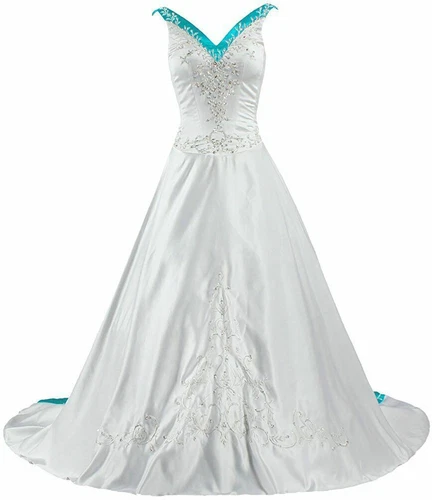 Elegant A-Line Wedding Dresses V-Neck Satin Embroidery Beaded Bridal Gowns - Picture 26 of 32