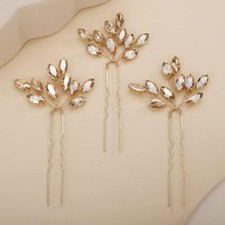 3pcs Hair Piece Handmade Crystal Hair Pins for Wedding Brides Women Champagne