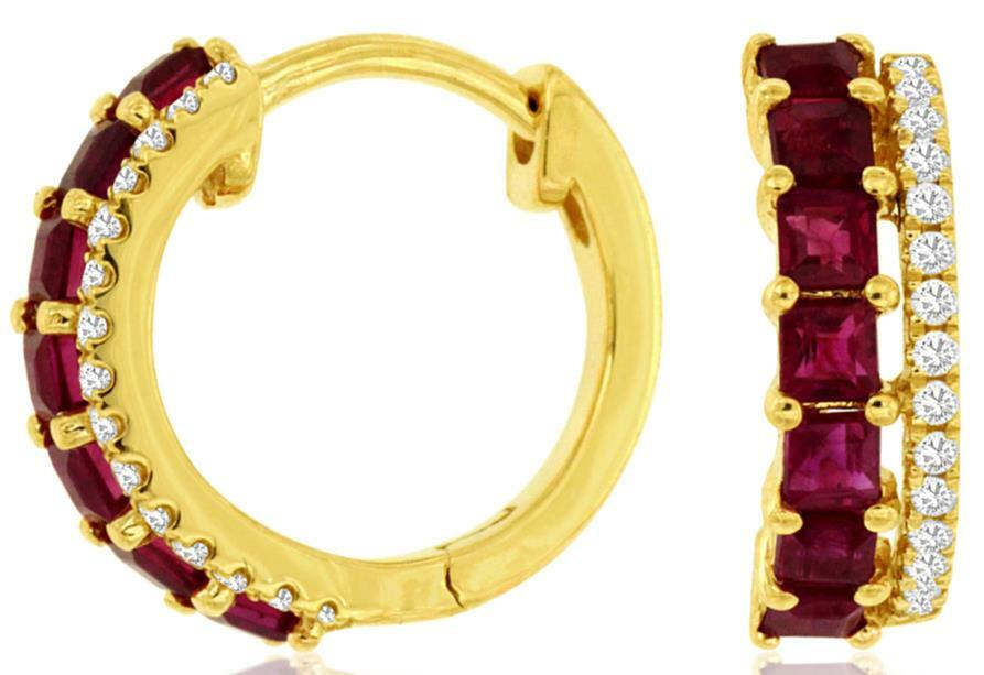 FILA ORECCHINI PENDENTI ORO GIALLO 14K DIAMANTI E RUBINI AAA .96 CT ROTONDI E PRINCIPESSA 2 FILE