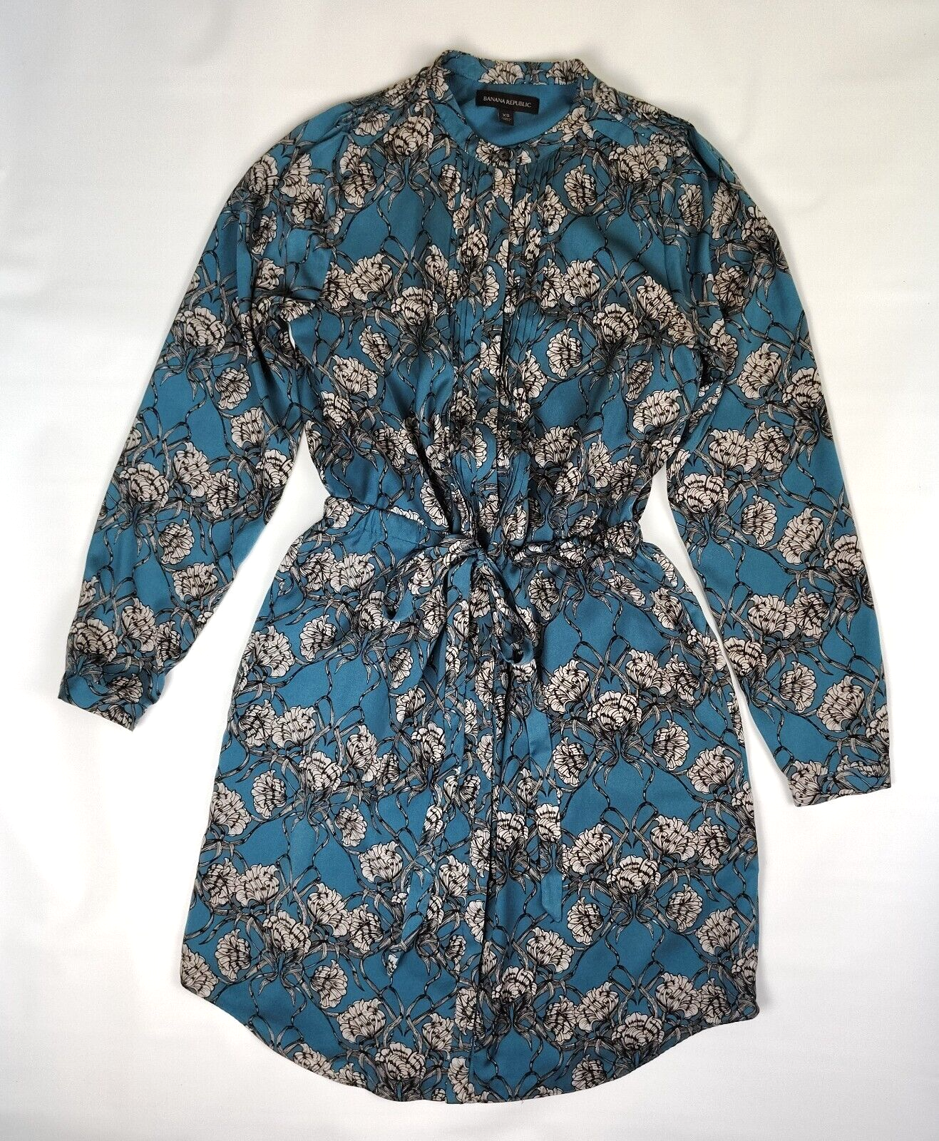 Banana Republic Womens XS Blue Floral Shirt Dress Tie Waist Pleated Long Sleeve