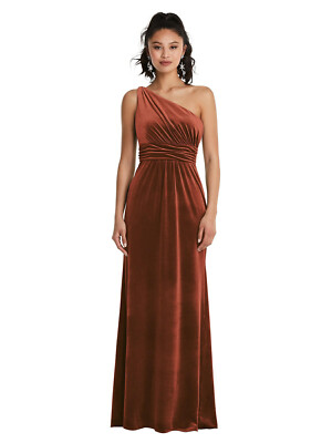 Dessy TH059....One-Shoulder Draped Velvet Maxi Dress....Auburn Moon...Size 4
