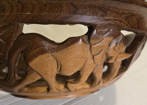 Vintage Hand Carved Wooden Bowl Safari Animals African Tribal 13" - Picture 5 of 10