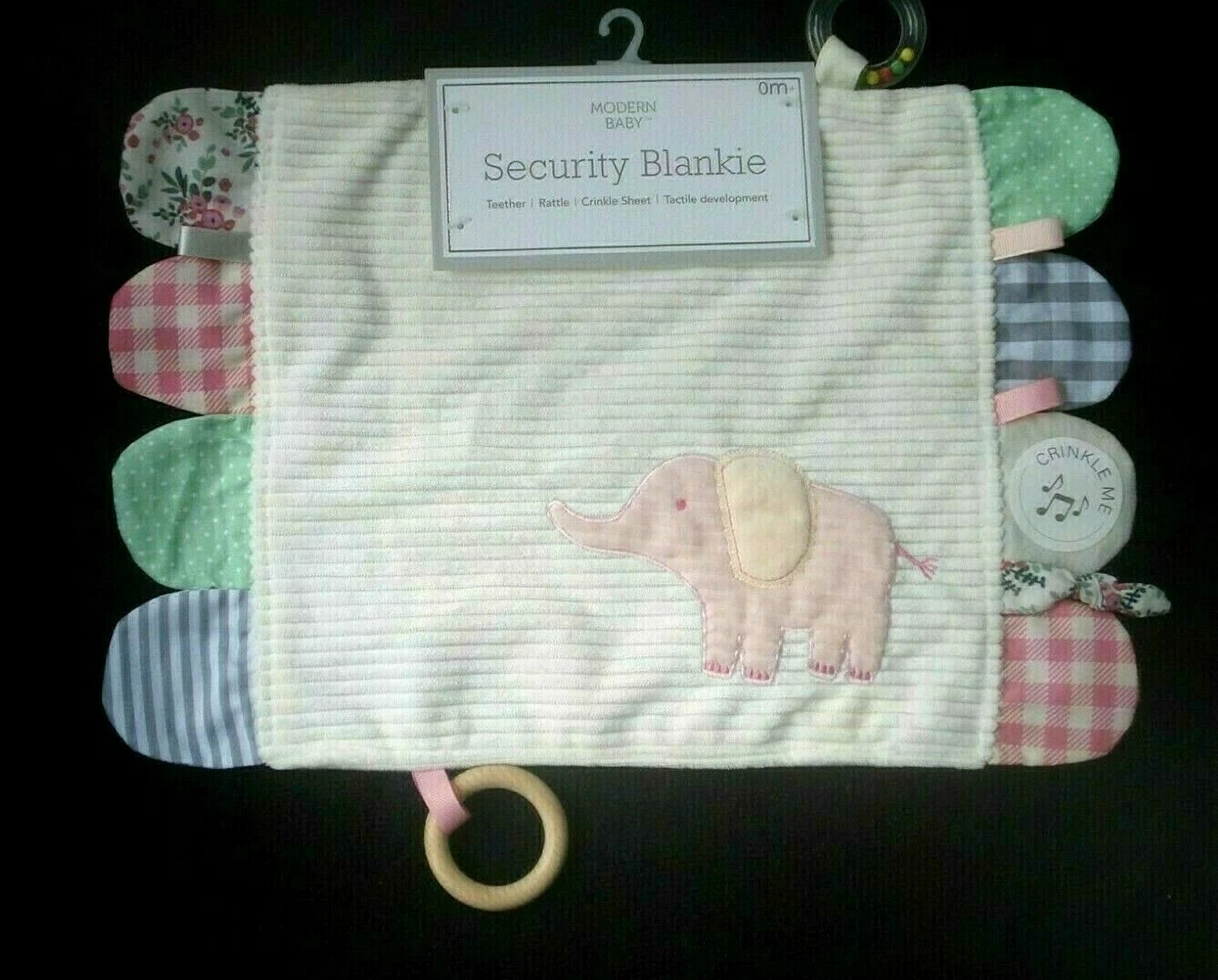 Modern Baby Infant Security Blanket Crinkle Taggies Ring Toy Pink Elephant NEW