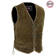 Men's V Neck Motorcycle Brown Club Vest Suede  Leather Hook Clip Concealed Carry